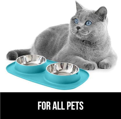 GORILLA GRIP Feeding Mat Bowl Set, 100% Waterproof BPA Free Silicone, 304 Stainless Steel Cat and Dog Bowls for Food and Water, Slip Resistant, High Edge, US Designed, Patent Pending, 1 Cup Turquoise