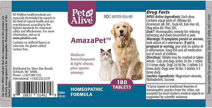 AmazaPet – Dog Cough & Respiratory Support Tablets – Supports Healthy Lung Function & Easy Breathing – Safe for Dogs & Cats – Comfort for Occasional Cough, Throat & Bronchial Wellness – 180 Tablets