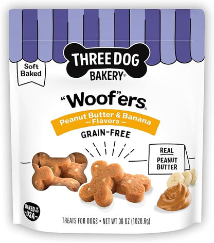 Three Dog Bakery Grain-Free “Woof”ers, Peanut Butter & Banana Flavor – Grain-Free Dog Treat, Cookies for Dog Training Treats, Puppy Treats with Real Ingredients