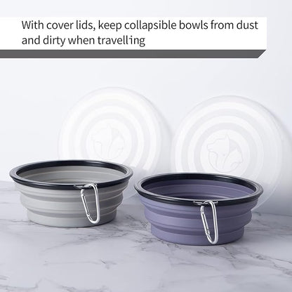 SLSON Dog Bowls Pet Collapsible Bowl with Cover Lids,2 Pack Dog Travel Bowls Portable Foldable Cat Water Dish Bowl for Pets Walking Parking Camping (Taro Purple and Concrete Gray, Large)