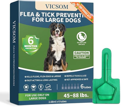Flea and Tick Prevention for Dogs, 6 Months Supply Dog Flea and Tick Treatment Up to 45 to 88 Lbs, Waterproof Topical Flea Treatment for Large Dogs - Fast-Acting Flea, Tick, and Mosquito Repellent