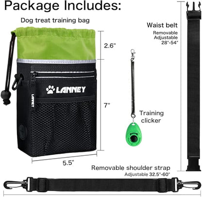 Dog Treat Pouch Pet Training Bag for Small to Large Dogs, Treat Tote Carry Kibble Snacks Toys for Training Reward Walking, Metal Clip, Waist belt, Shoulder Strap, Poop Bag Dispenser, Black with Green