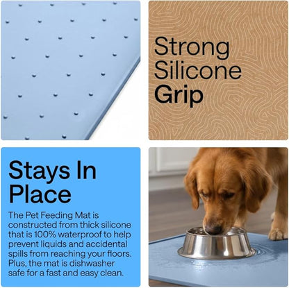 GORILLA GRIP 100% Waterproof Raised Edge BPA Free Silicone Pet Feeding Mat, Dog Cat Food Mats Contain Spills Protects Floors, Placemats for Cats and Dogs Water Bowl, Pets Accessories 32x24 Blue