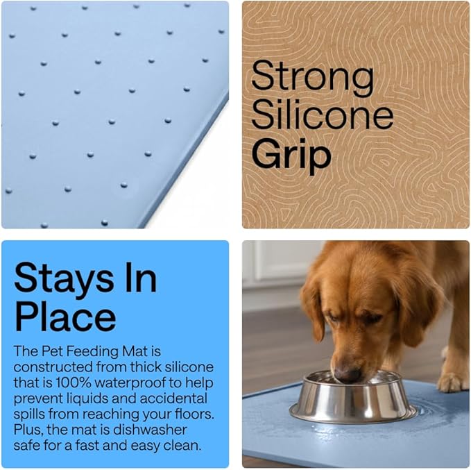 GORILLA GRIP 100% Waterproof Raised Edge BPA Free Silicone Pet Feeding Mat, Dog Cat Food Mats Contain Spills Protects Floors, Placemats for Cats and Dogs Water Bowl, Pets Accessories 18.5x11.5 Blue