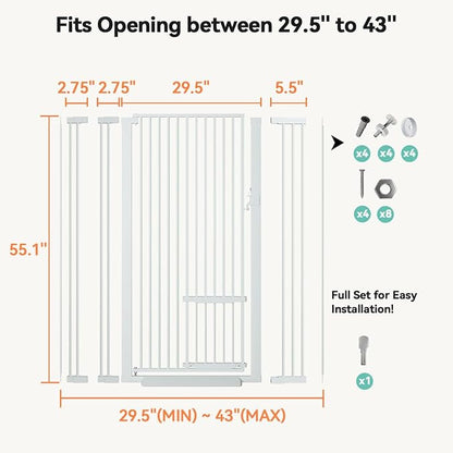 COMOMY 55.1" Extra Tall Pet Gate for Cats, 29.5-43" Extra Wide Cat Gate with Adjustable Cat Door, Pressure Mounted Easy Walk Through Pet Gate with Door for Stairs, Doorways, Kitchen(White)