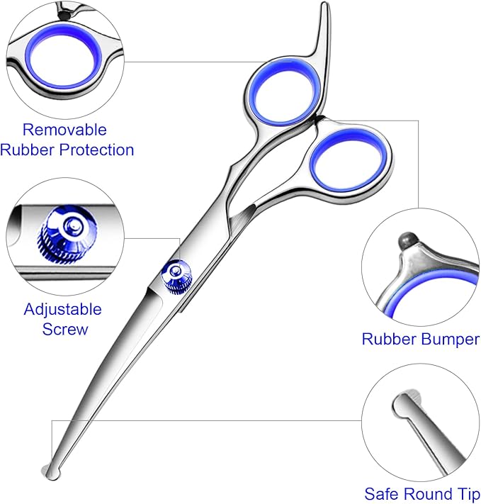 FAIGEO Professional Dog Grooming Scissors Kit, Titanium Coated Dog Scissors for Grooming, Grooming Shears Kit - Thinning, Curved Scissors and Comb for Dog Cat Pet (Blue 4 in 1)