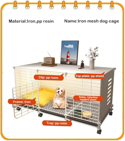 Dog Crate Furniture | 43" XL Dog Cage Furniture | Puppy Crate House with Wheels Tray & Drawer Storage | Metal Indoor Fencing Kennel House | Lockable Dogs Play Pen Cage for Medium Large Dogs