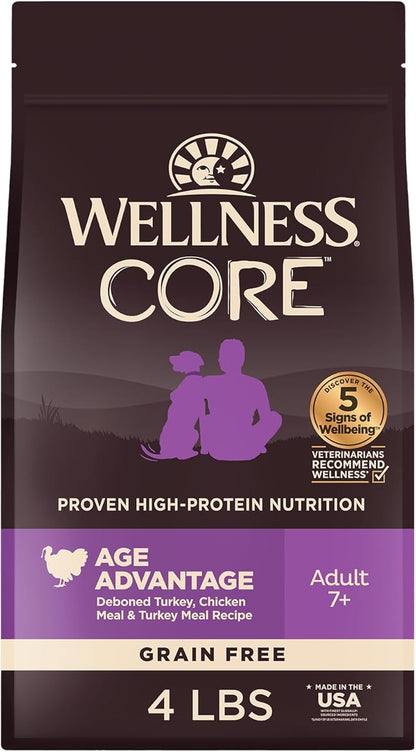 Wellness CORE Senior Dry Dog Food, Grain-Free, High Protein, Natural, Age Advantage Turkey & Chicken Recipe, (4-Pound Bag)