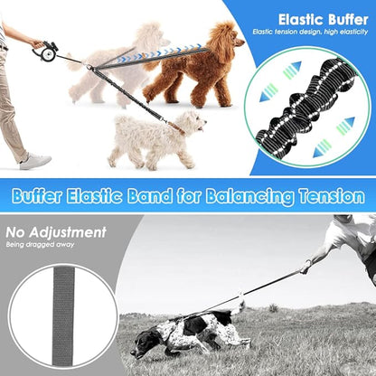 AUTOWT Double Dog Leash, No Tangle 360° Swivel Rotation Reflective Lead Attachment Bungee Extension Length Dual Two Dog Lead Splitter, Comfortable Shock Absorbing Walking Training for 2 Dogs