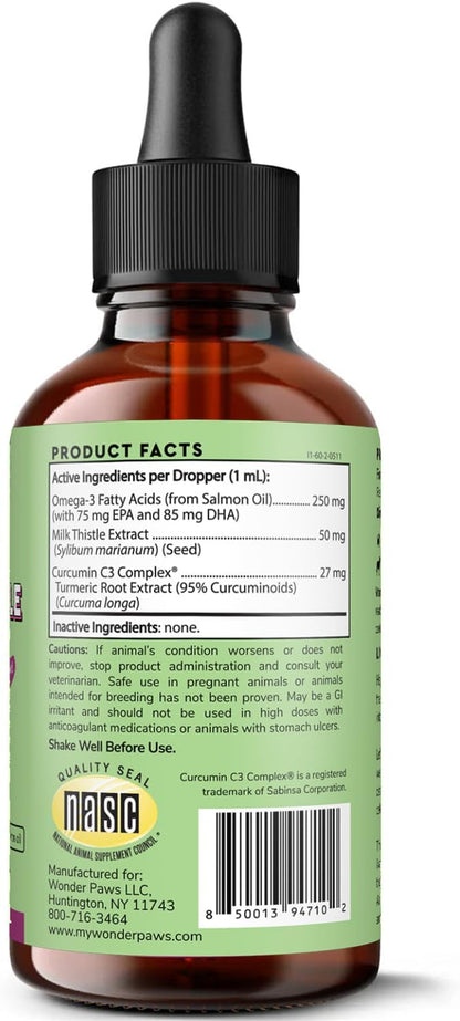Wonder Paws Milk Thistle, Liver Support for Dogs, Supports Kidney Function for Pets, Detox, Hepatic Support, with Wild Alaskan Salmon Oil & Curcumin, Omega 3 EPA & DHA (2 Oz)