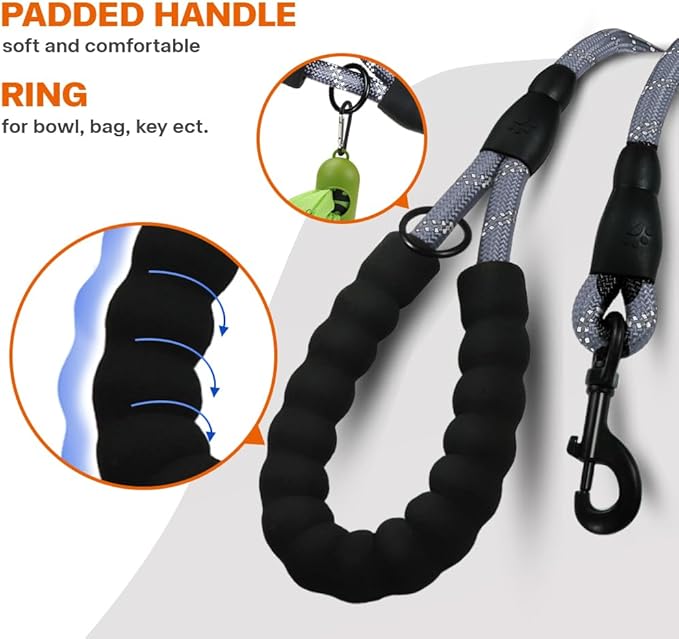 Taglory Rope Dog Leash 4 FT with Comfortable Padded Handle, Highly Reflective Threads Leash and Anti-Tangle Clip for Walking Medium Large Dogs, 1/2 inch, Grey