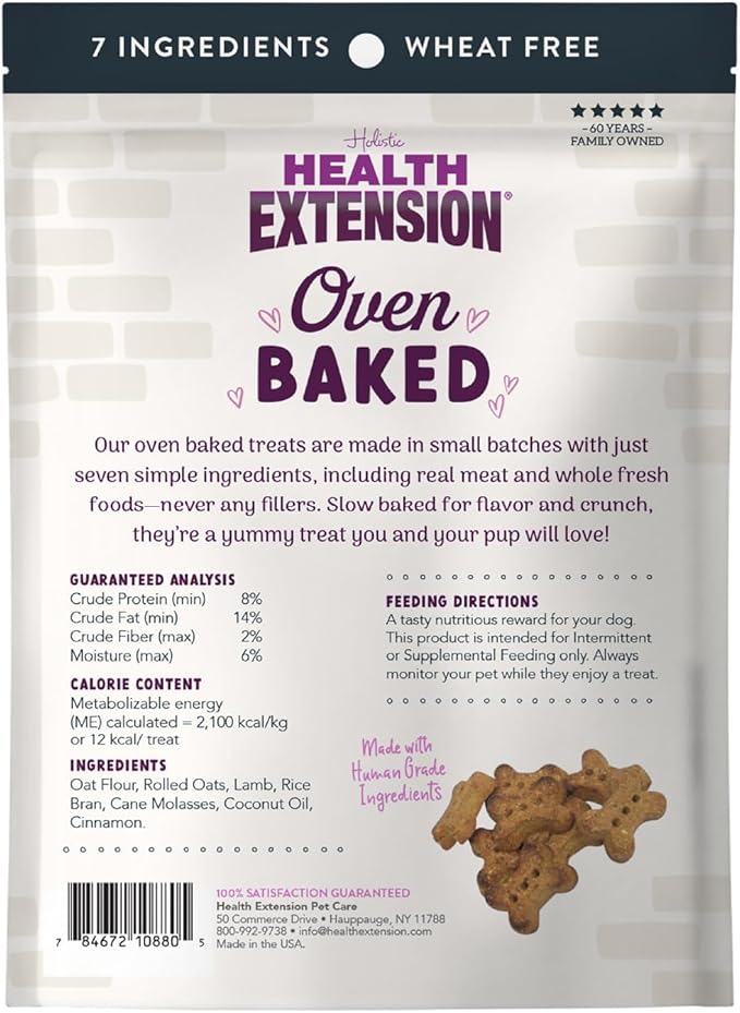 Health Extension Oven-Baked Dog Treats, Lamb Recipe – Gluten & Wheat-Free, Superfood-Infused, Crunchy Biscuits for Puppy Training (6oz)