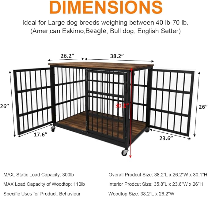 Boldbone 38 inch Dog Crate Furniture, Heavy Duty Dog Kennel Indoor for Large Dogs, Escape-Proof and Chew-Proof Wooden Dog Cage for high Anxiety Dog, Decorate House as TV Stand, End Table