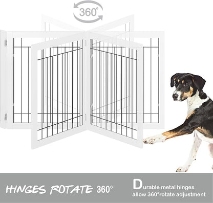 PAWLAND Extra Wide Dog gate for The House, Doorway, Stairs, Dog Fences Indoor, Freestanding Foldable Wooden Pet Gates for Dogs, Set of Support Feet Included, 96 in Wide 30 in Tall, 4 Panels White