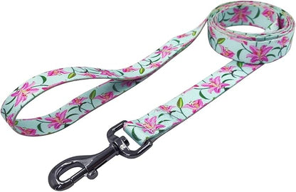 Dog Collar Leash Set, Floral Pattern, Polyester Material, Adjustable Collar and 5ft Matchcing Leash, for Small Dogs.(S, Green Lily)