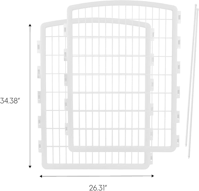 IRIS USA 34'' 2 Panel Pet Playpen Add-On with Connecting Rods, Puppy Small Medium Dogs, Heavy-Duty Molded Plastic, Rust-Free, Non-Skid Rubber Feet, Easy Assemble, Customizable, White