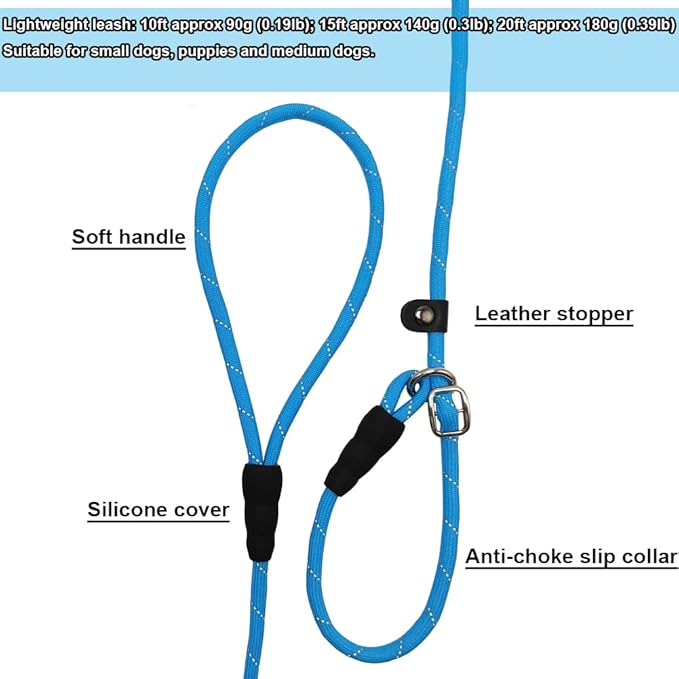 BTINESFUL 10FT / 15FT / 20FT Slip Lead Dog Leash, Reflective 1/3” Rope Leash Long Training Lead for Small Medium Dogs (15ft, Blue)