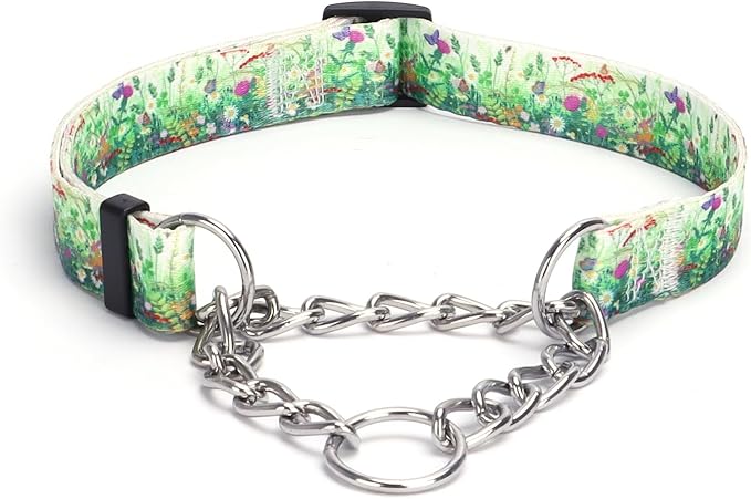 Martingale Dog Collar with Stainless Steel Chain - Limited Chain Cinch Training Collar for No Pull Training Dog - Flower Multicolor Cute Patterns - Premium No Slip Collar (M, Grass)