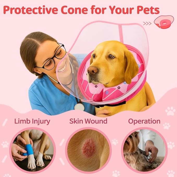 Soft Dog Cone Collar, Inflatable Cones Alternative After Surgery with No-Lick Shield for Large/Medium/Small Dogs to Stop Licking, Elizabethan Neck Ecollars of Shame Comfy Pillow Recovery, Pink