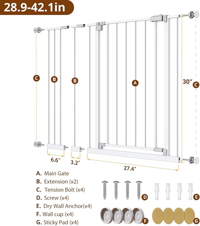 InnoTruth 28.9-42.1" Wide Baby Gate for Stairs & Doorways, 30" Tall Pressure Mounted Dog Gates for Stairs Expandable One-Hand Open, Easy Step Walk Through Dual Lock Metal Pet Gates for Dogs, White