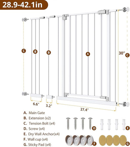 InnoTruth 28.9-42.1" Wide Baby Gate for Stairs & Doorways, 30" Tall Pressure Mounted Dog Gates for Stairs Expandable One-Hand Open, Easy Step Walk Through Dual Lock Metal Pet Gates for Dogs, White