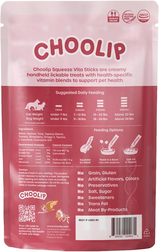 Choolip Squeeze Vita Stick Lickable Cat and Dog Treats, 7-Count Heart Support, Salmon and Tuna with CoQ10, Taurine and L-Carnitine, Grain-Free, Vet-Formulated