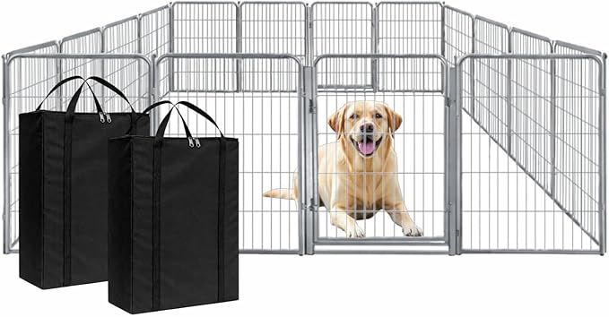 Dog Playpen w/Carrying Case for Indoor or Outdoor Use – 40 Inch, 16 Grey Panels - Portable Metal Exercise Pen for Medium & Large Dogs - Pet Fence Kennel Crate for House, RV, or Travel