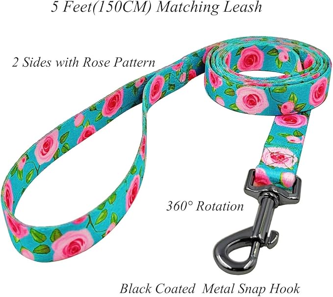 Dog Collar and Leash Set, Rose Pattern, Polyester Material, 5ft Matching Leash, for Small Puppy Dogs.(XS, Green Rose Set)