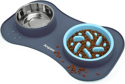 Anipaw Slow Feeder Dog Bowls 3 in 1 Stainless Steel Dog Food and Water Bowls with Non-Spill and Non-Skid Silicone Mat to Slow Down Eating for Large Medium Small Breed Size Dogs and Cats (Light Grey)