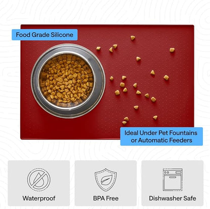 GORILLA GRIP 100% Waterproof Raised Edge BPA Free Silicone Pet Feeding Mat, Dog Cat Food Mats Contain Spills Protects Floors, Placemats for Cats and Dogs Water Bowl, Pets Accessories 23x15 Red