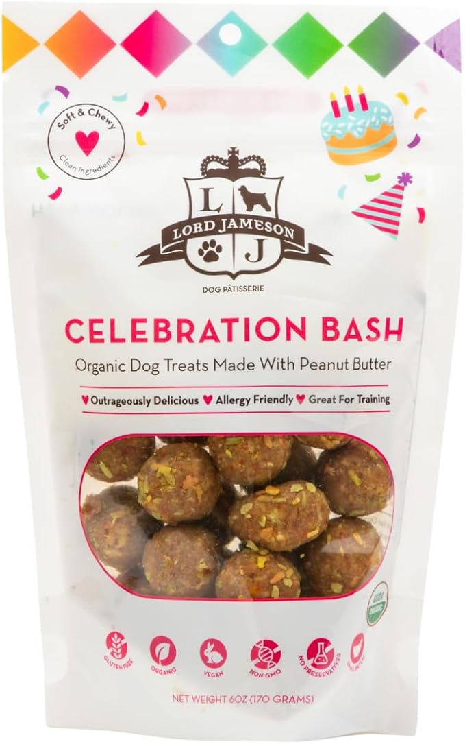 Lord Jameson: Celebration Bash 6 oz - Dog Patisserie Treats, Organic, Soft & Chewy No-Bake Superfood Bites, PB & Coconut, Gluten & Preservative Free