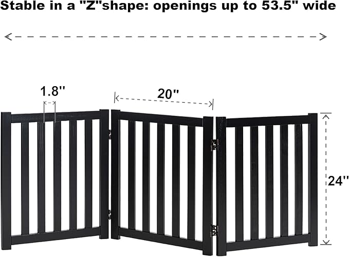 LZRS 3-Panel Wooden Free Standing Foldable Dog Gate Indoor – 24" High,Step-Over Safety Pet Gate for Doorways, Stairs, Hallways, Indoor Dog Barrier for Small to Medium Dogs & Puppies, Black