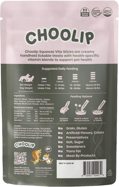 Choolip Squeeze Vita Stick Lickable Cat and Dog Treats, 7-Count Liver Support, Salmon and Lobster with Milk Thistle, CoQ10 and Vitamin E, Vet-Formulated
