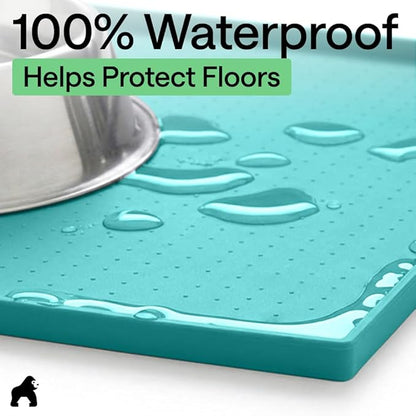 GORILLA GRIP 100% Waterproof Raised Edge BPA Free Silicone Pet Feeding Mat, Dog Cat Food Mats Contain Spills Protects Floors Placemats for Cats and Dogs Water Bowl Pets Accessories 18.5x11.5 Turquoise