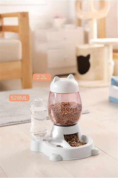 Automatic Cat & Dog Feeder Set - Self-Dispensing Food and Water Bottle Dispenser, Large Capacity (Grey)