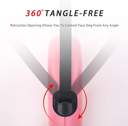16Ft Retractable Dog Leash,Light Weight Leash for Small to Medium Dogs/Cats Up to 50lbs,Stainless Steel Spring Strong Nylon Tape, Tangle Free, One-Handed Brake.(Pink)