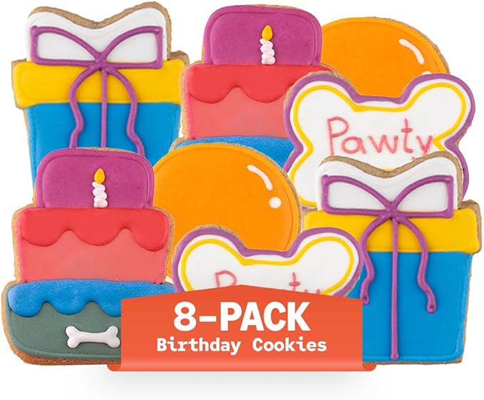 Dog Birthday Treats | Hand-Decorated Treats – 8 Pack in Gift Box | Extra Large Treat 62g Cookie, Vegan Dog Birthday Cake