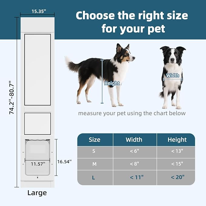 Dog Door for Sliding Glass Door, Magnetic Plastic Flap, Adjustable Height, No-Cut Insert with Lock, Ideal for Renters, Apartments, Patio White L