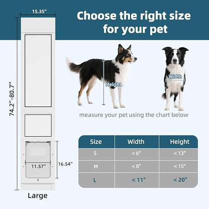 Dog Door for Sliding Glass Door, Magnetic Plastic Flap, Adjustable Height, No-Cut Insert with Lock, Ideal for Renters, Apartments, Patio White L