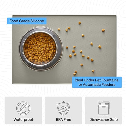 GORILLA GRIP 100% Waterproof Raised Edge BPA Free Silicone Pet Feeding Mat, Dog Cat Food Mats Contain Spills Protects Floors, Placemats for Cats, Dogs Water Bowl, Pets Accessories 16x10, Light Gray