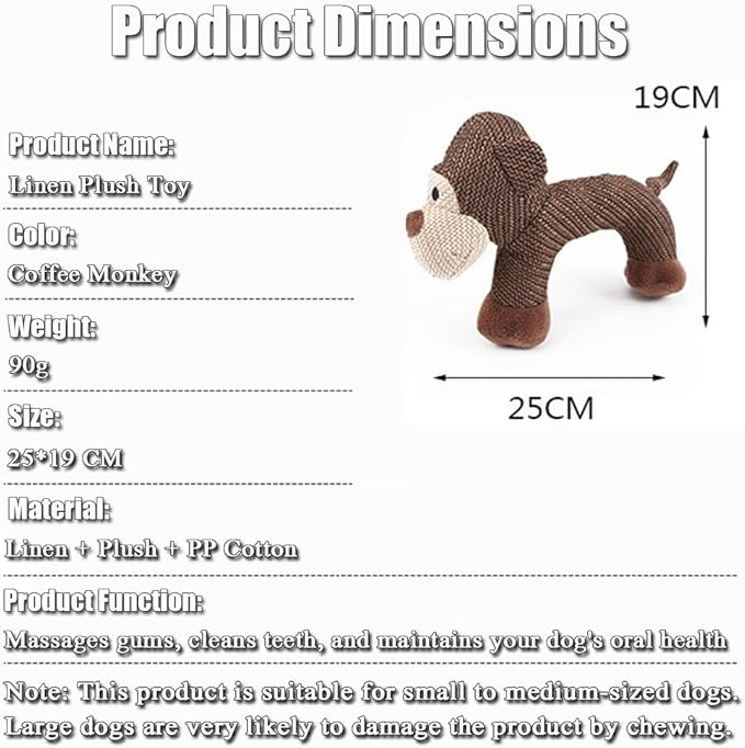 Linen Squeaky Dog Chew Animals, Made from Sturdy Linen Fabric in the Shapes of Animals Dogs Love, This is Perfect for Relieving Boredom and Anxiety in Small to Medium-Sized Dogs(Monkey)