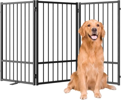 SNUOWU Full Metal Freestanding Dog Gate with Door, 32''Height Foldable Pet Dog Fence for Indoor & Outdoor, 3 Panels Extra Wide Free Standing TallDog Gates for Doorways,House,Stairs,Porch,Deck,Yard
