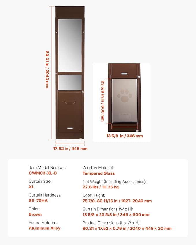 VEVOR Dog Door for Sliding Glass Door, 75 7/8 to 80 11/16 in Adjustable Height, Aluminum Alloy Frame with Rotating Hinges, Lock Design, 13 5/8 x 23 5/8 in Flap, Sliding Glass Pet Door for Renters