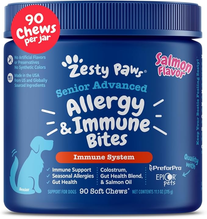 Zesty Paws Senior Allergy Immune Bites - Dog Allergy Chews, Dog Probiotics for Itchy Skin and Ears, Salmon, 90ct