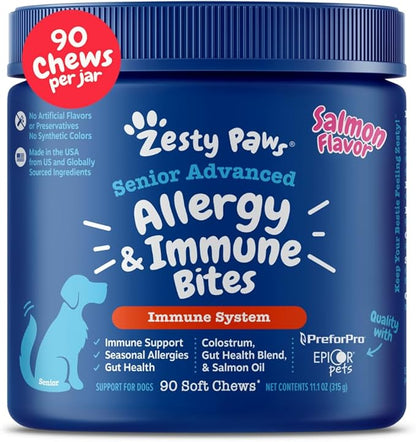 Zesty Paws Senior Allergy Immune Bites - Dog Allergy Chews, Dog Probiotics for Itchy Skin and Ears, Salmon, 90ct