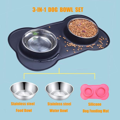 Dog Bowls with Anti-Overflow and Anti-Skid Silicone Dog Food Mat, Stainless Steel Feeder Easy to Clean for Small Medium Large Dogs Cats Pets