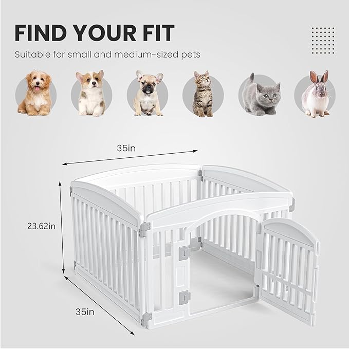 Sweetcrispy Plastic Dog Playpen - 4-Panel 24" Expandable & Durable Pet Fence for Medium Dogs - Indoor & Outdoor Portable Puppy Playpen with Secure Locking Door - Morden White