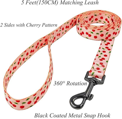 Dog Collar and Leash Set, Cherry Pattern, Polyester Material, 5ft Leash, for Small Dogs.(Small,Pink Cherry)