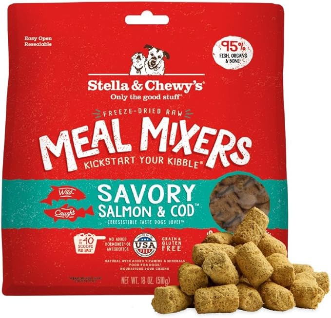 Stella & Chewy's Freeze-Dried Raw Salmon & Cod Meal Mixers- Dog Food Topper and Mixer - Made with 95% Wild-Caught Salmon & Cod, Organs & Bone - Perfect for Picky Eaters - Grain-Free - 18 oz