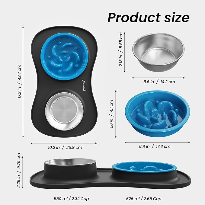 YINEYA Slow Feeder Dog Bowls Stainless Steel Food and Water Bowl Set 3 in 1 No Spill Waterproof Silicone Pet Food Mat Puppy Feeding Station for Large Medium Small Breed Non Slip Metal Dish Tray